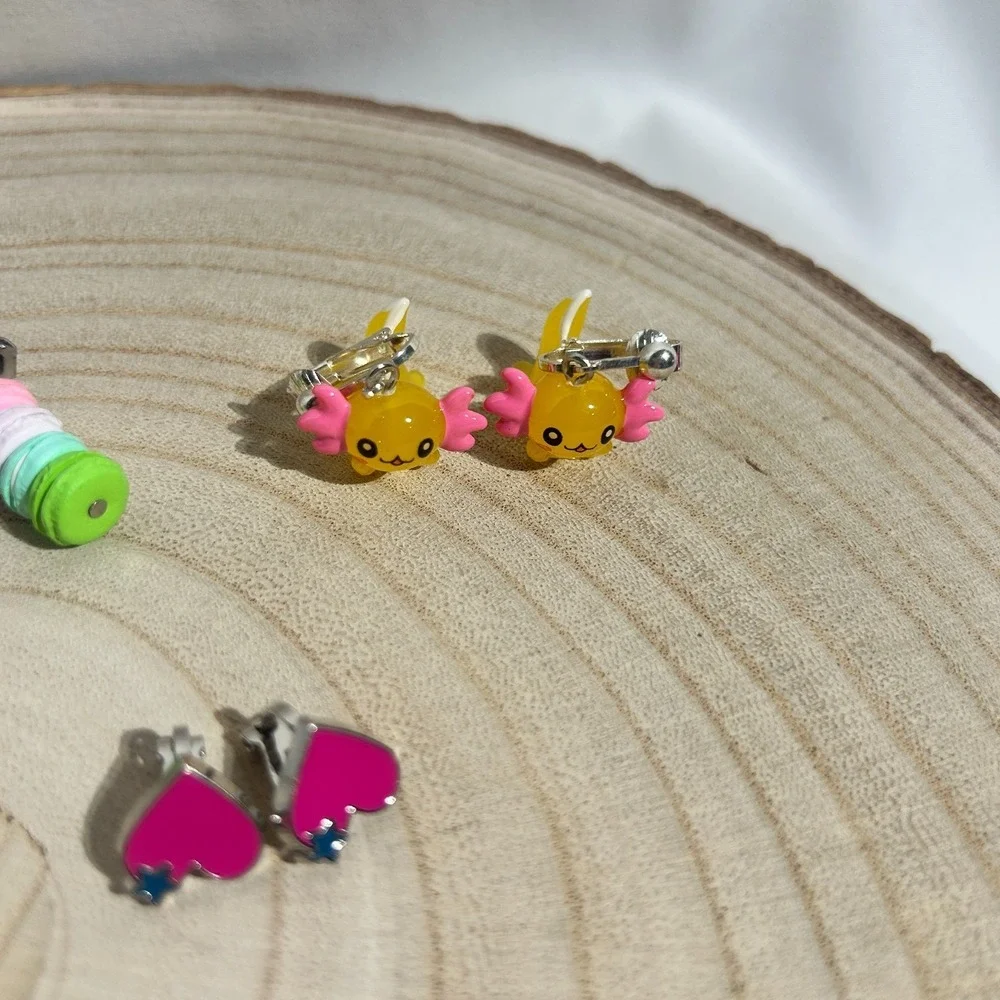 Girls Clip On Earring Lot Of‎ 6 Pair | Axolotls Flowers Macarons Hearts Stars